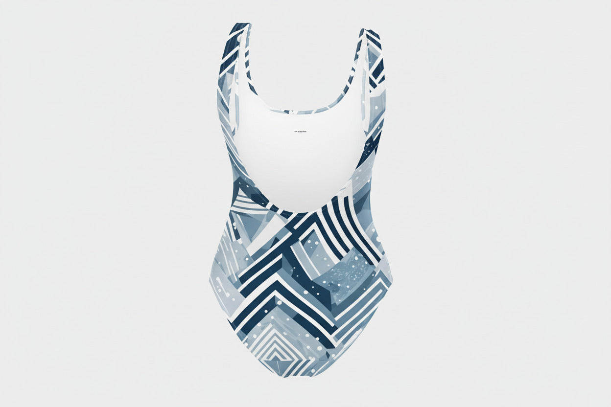 Arctic Lines One-Piece in Nordic blue—geometric ice bathing swimwear for ritual clarity by Nørvael