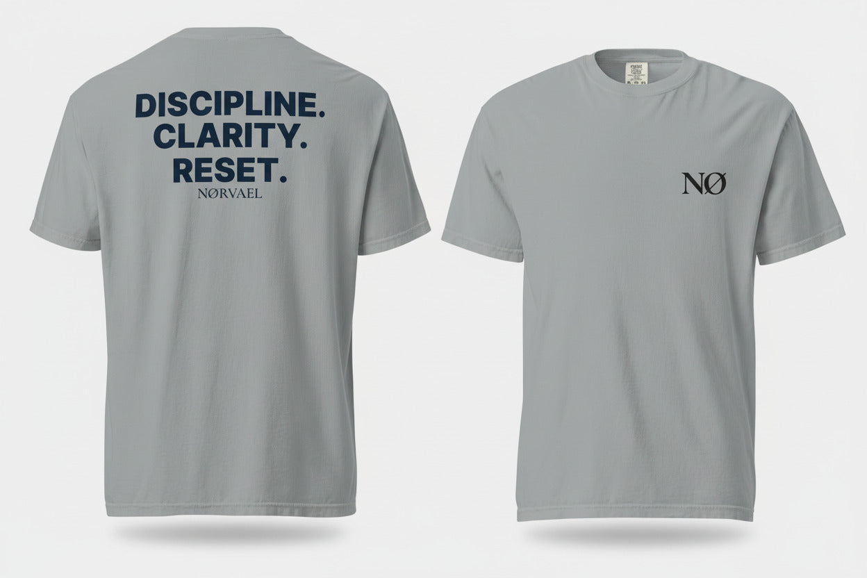 Nørvael Discipline Clarity Reset T-Shirt for cold plunge and ice bath lifestyle, minimalist Nordic biohacking apparel