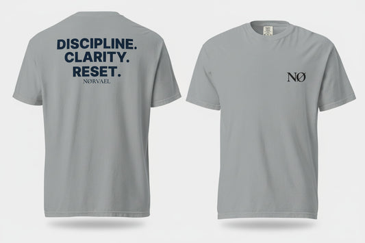Nørvael Discipline Clarity Reset T-Shirt for cold plunge and ice bath lifestyle, minimalist Nordic biohacking apparel