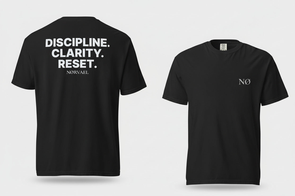 Nørvael Discipline Clarity Reset T-Shirt, minimalist Nordic cold plunge apparel in black, heavyweight premium cotton