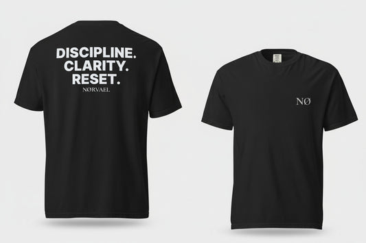 Nørvael Discipline Clarity Reset T-Shirt, minimalist Nordic cold plunge apparel in black, heavyweight premium cotton