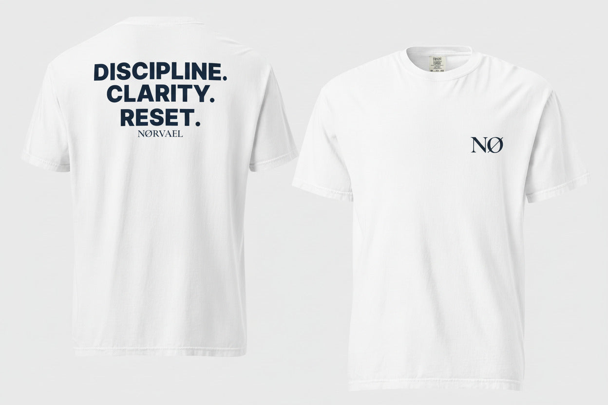 Nørvael Discipline Clarity Reset T-Shirt for cold plunge and ice bath lifestyle, minimalist Nordic biohacking apparel