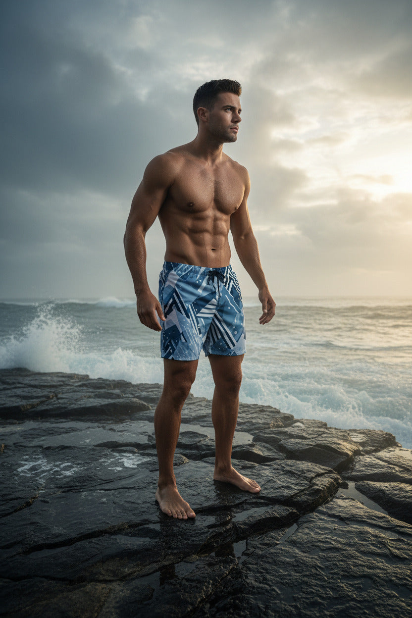 Frost swim shorts for cold plunge—bold pattern, lightweight fabric by NØRVAEL