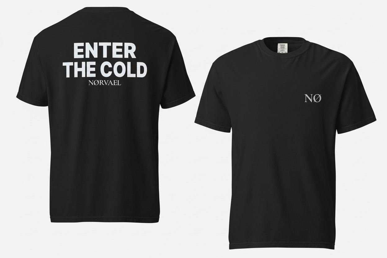 close-up of Enter the Cold print on black Nørvael T-shirt, minimal Nordic design, heavyweight fabric