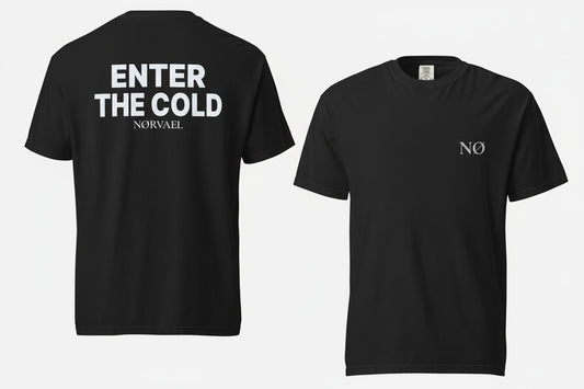 close-up of Enter the Cold print on black Nørvael T-shirt, minimal Nordic design, heavyweight fabric