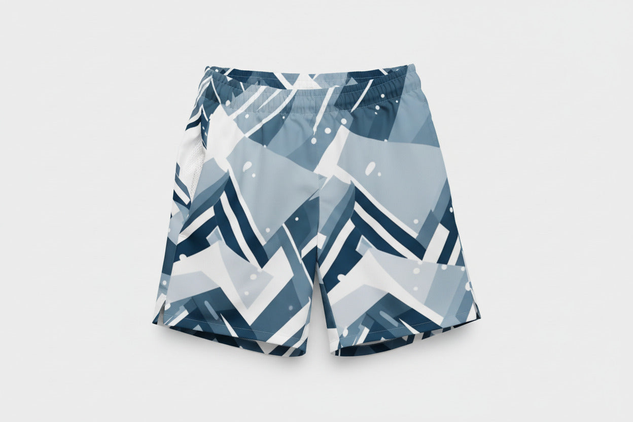 NØRVAEL Frostbite Shorts in geometric icy blue—cold plunge swimwear for ritual clarity"