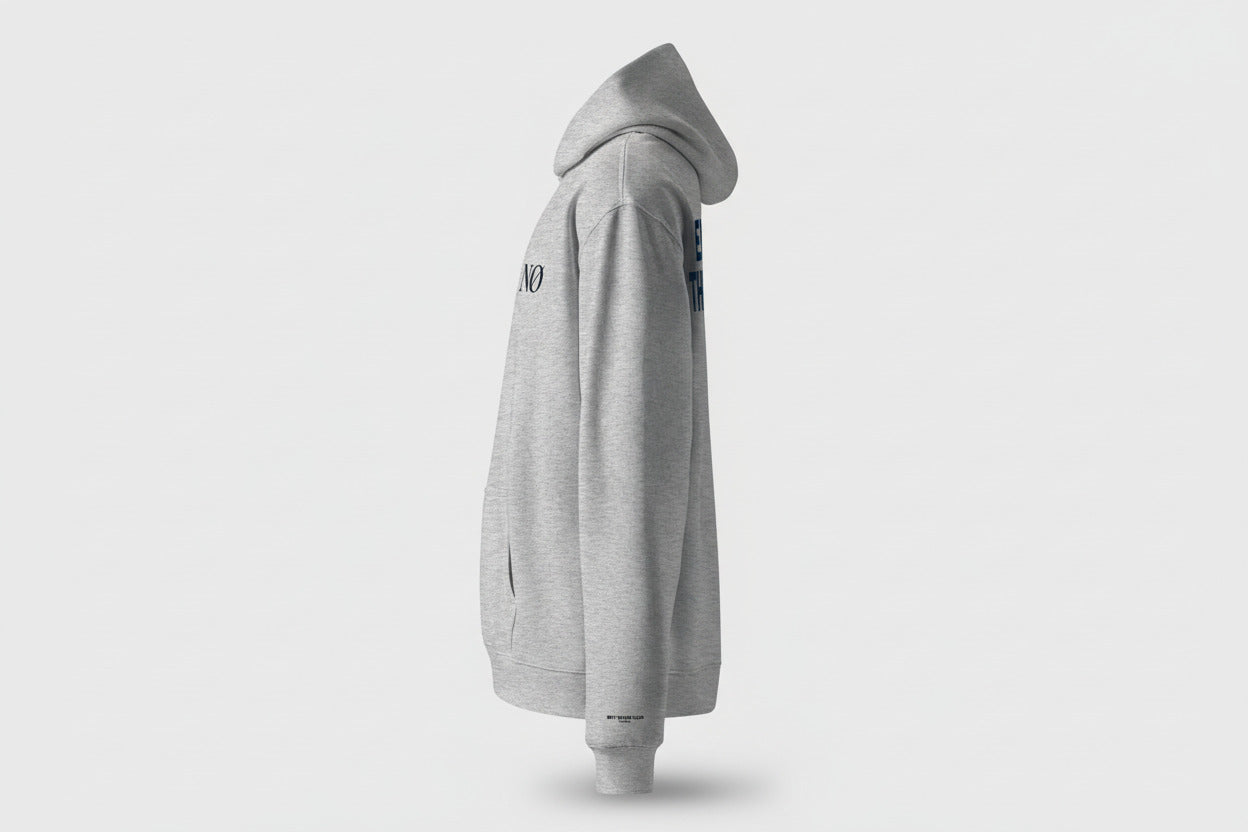 Grey Nørvael hoodie with "ENTER THE COLD" printed in white on the back.