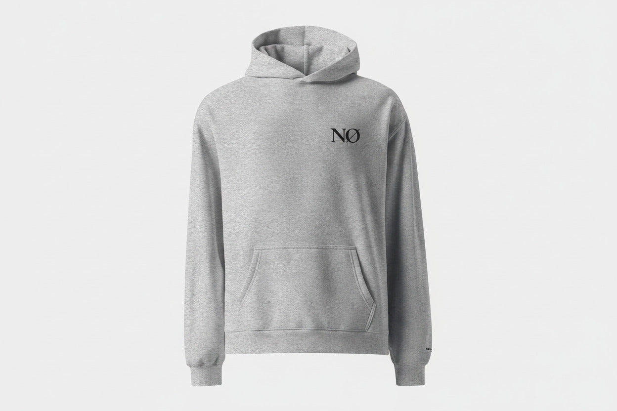 View of a grey hooded sweatshirt from Nørvael, featuring the "ENTER THE COLD" slogan and brand logo in a deep blue print.