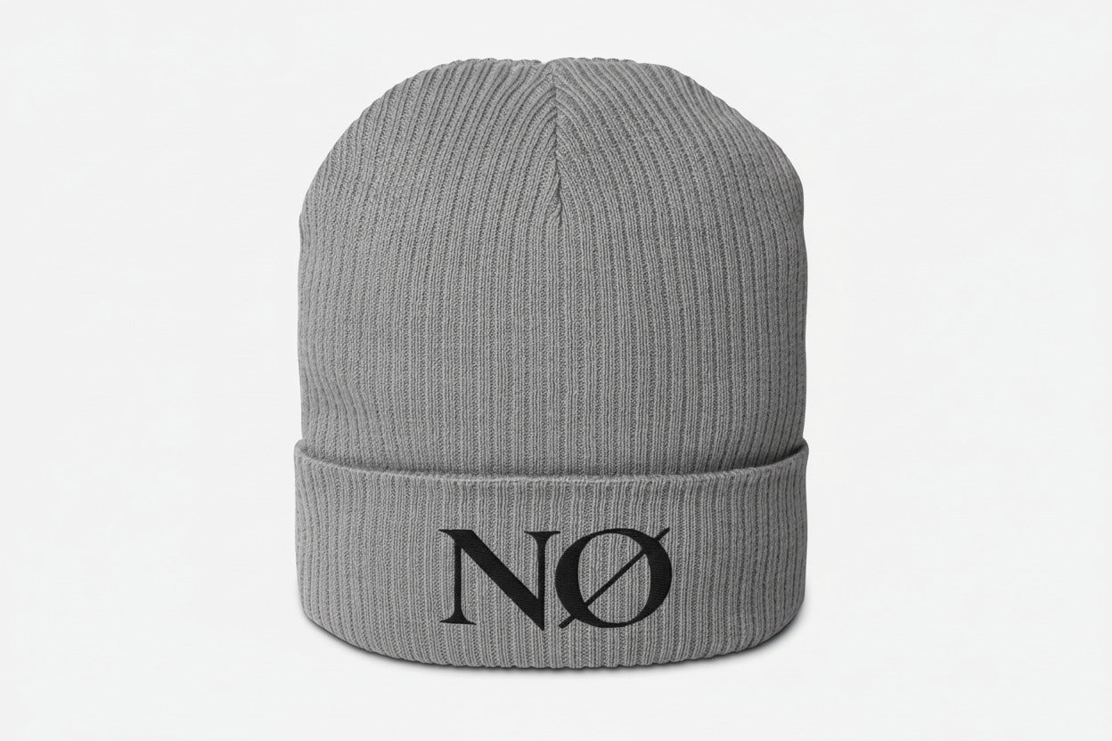 Grey Nørvael beanie with black "NØ" embroidery on the cuff.
