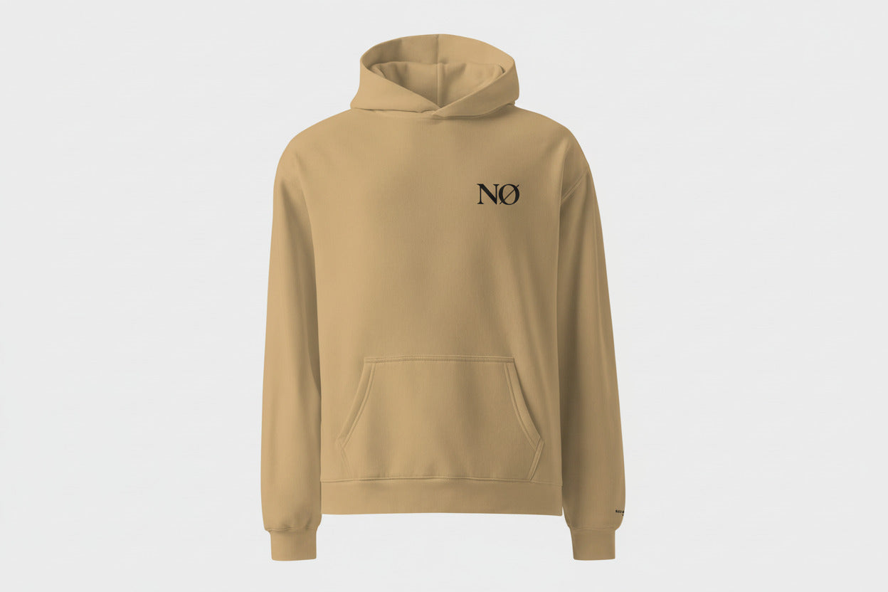 Front view of a sand hooded sweatshirt from Nørvael, featuring the "ENTER THE COLD" slogan and brand logo in a bold deep blue print.