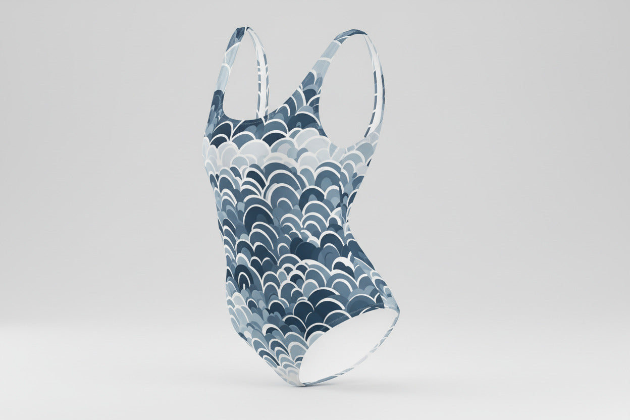 imited edition women's swimsuit with icy blue abstract design and thin straps"