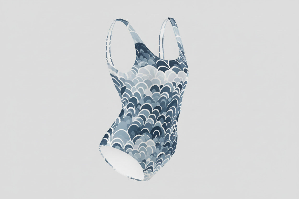 Nordic style one-piece swimsuit with blue geometric pattern and sleek modern fit